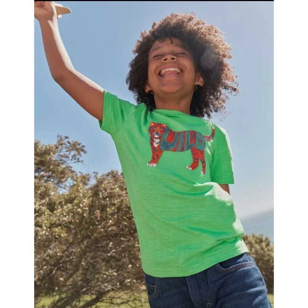 Mini Boden Kids Animal Printed Cotton T-Shirt in Aloe Green Tiger 11-12Y